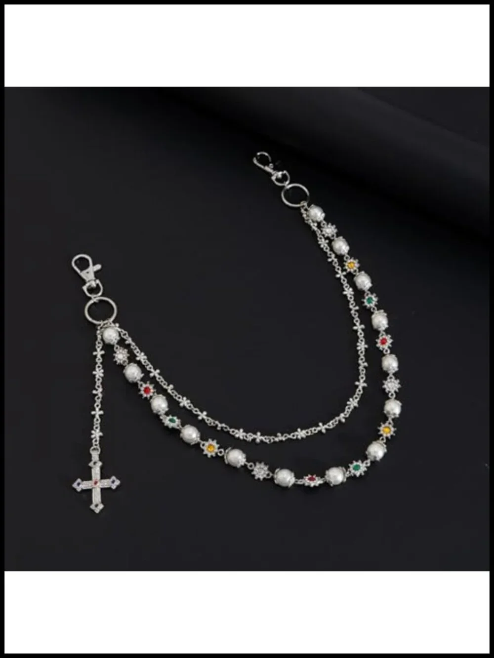 Layered Wallet Chain with Rhinestone Flower Pearl Accents